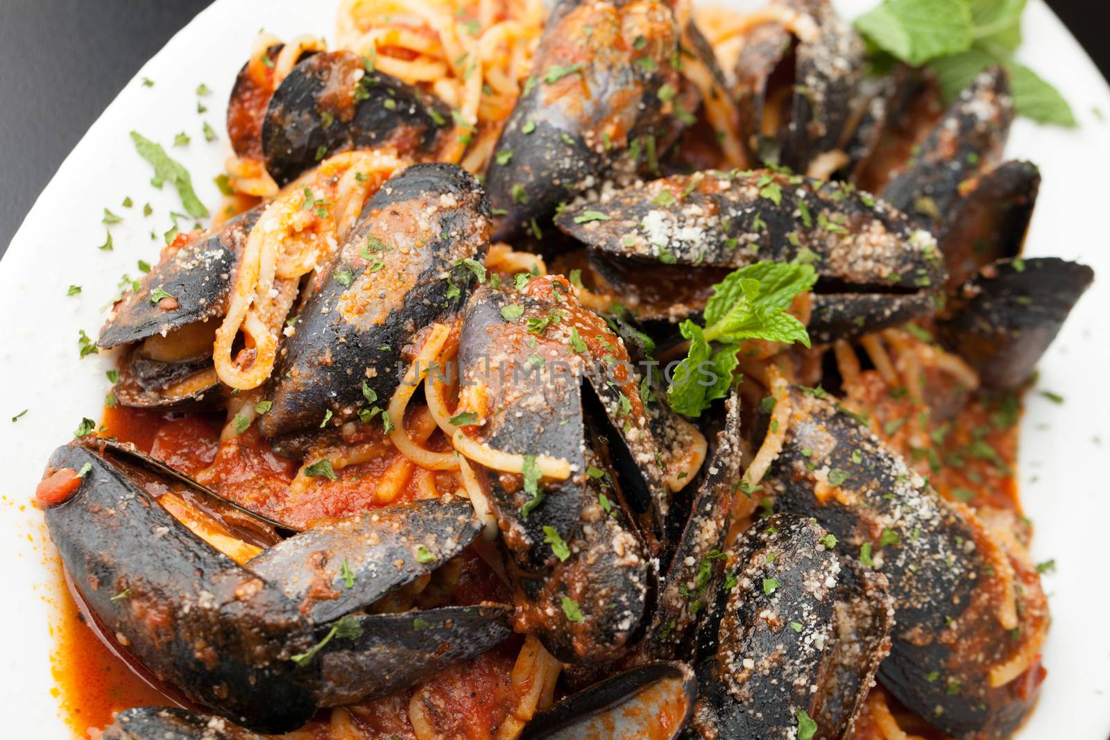 Mussels dinner with red sauce and pasta and an antipasto salad.  Shallow depth of field.
