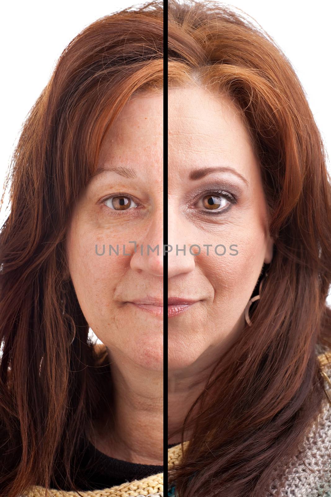 Before and after makeup on a middle aged Italian German brunette woman.
