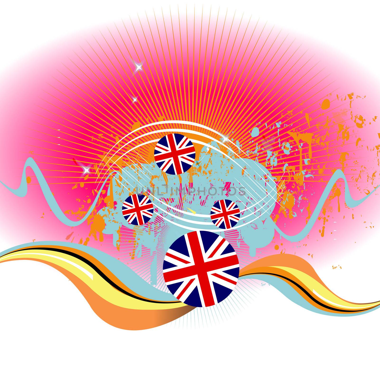 Abstract background UK flags with curves and rays