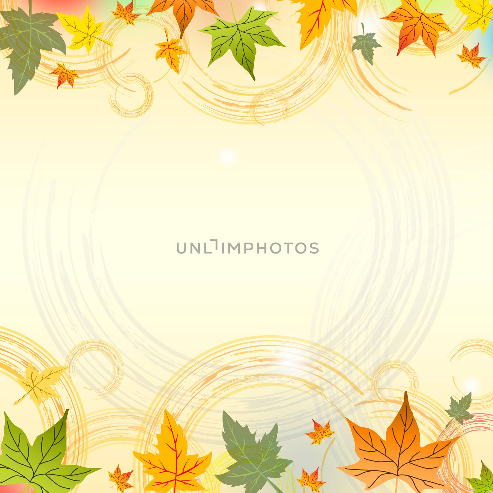 background with illustrated autumn leaves with abstract circles