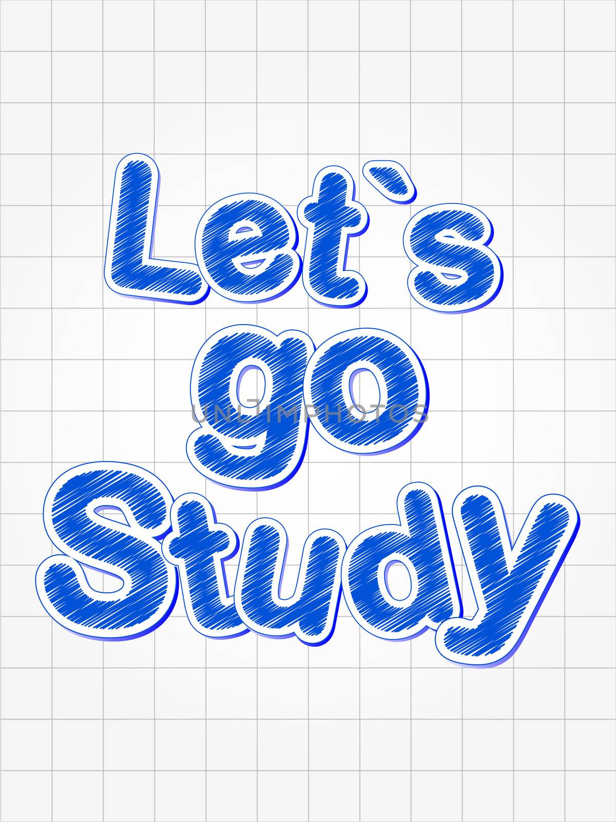 let's go study - blue letters over squared sheet of paper