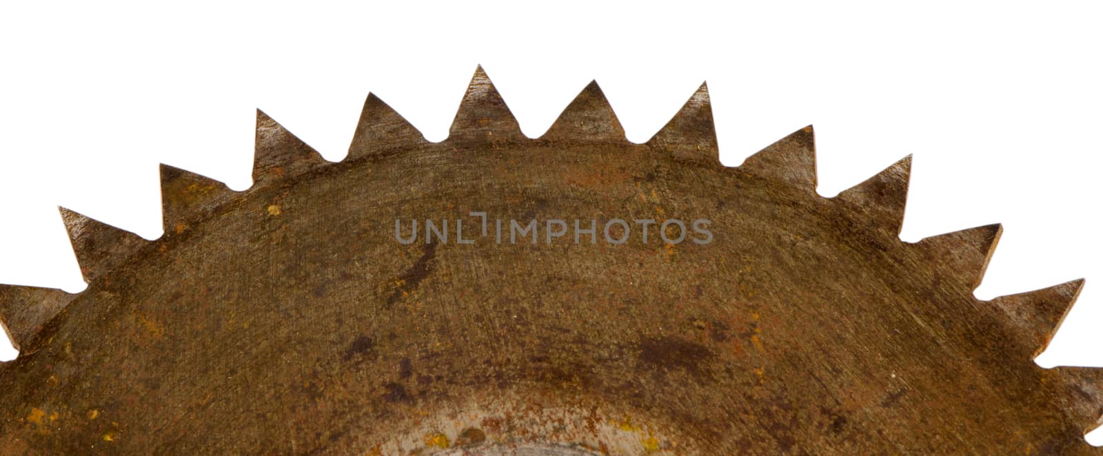 old rusty grunge circular electric saw disk part closeup isolated on white bakcgound.