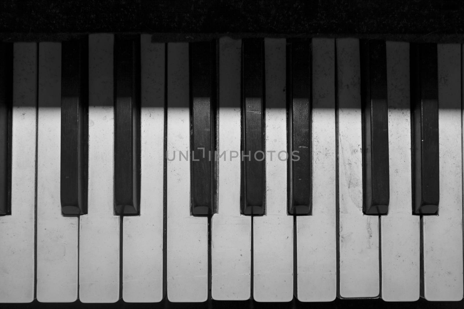 Detail shot of an old piano's keyboard keys