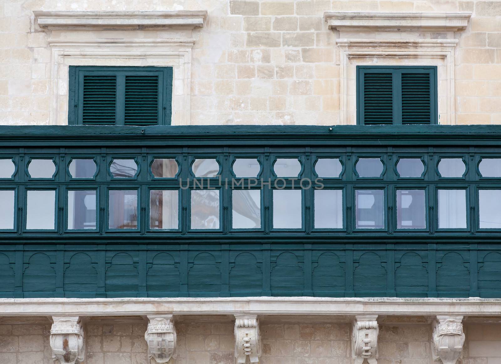 The wooden enclosed balcony of the Grandmaster's Palace in Valletta, Malta.