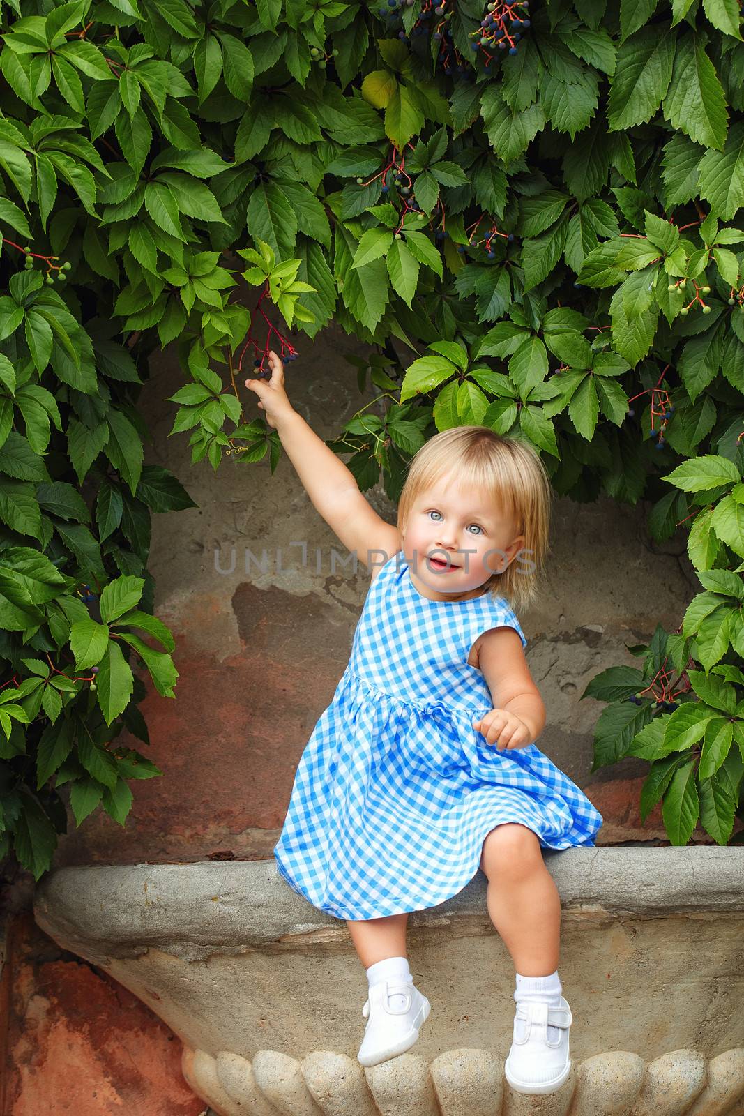 Little blonde girl on a background of green grape leaves