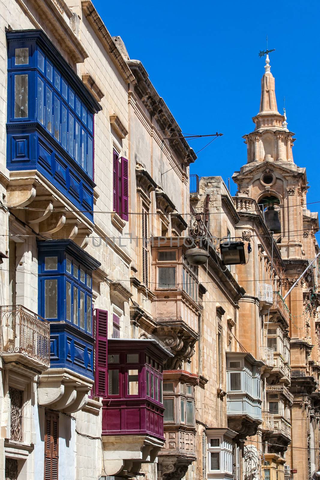 Colourful wooden balconies in one of the streets of Valletta.