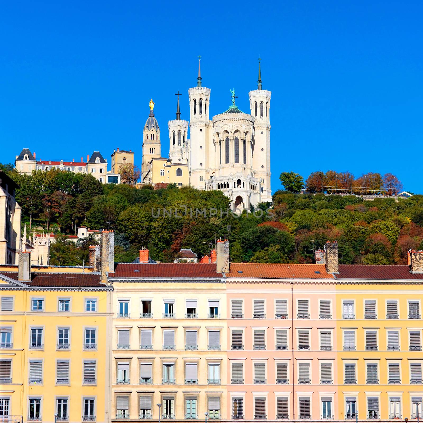 Famous view of Notre Dame de Fourviere, Lyon, France