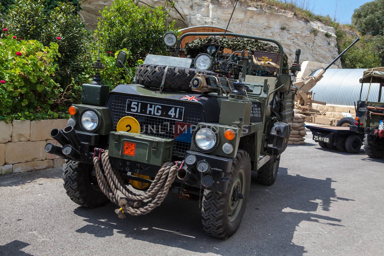TA' QALI, MALTA - APR 20 - An old military Land Rover on display at The Malta Aviation Museum on 20 April 2013