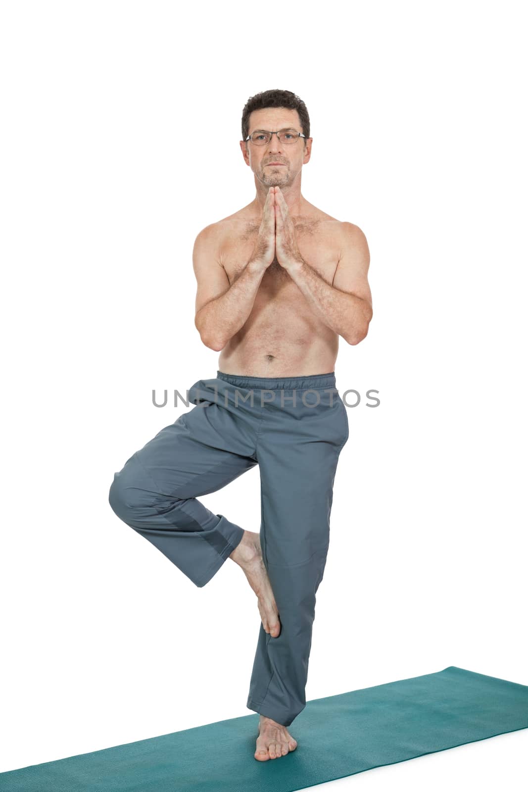 adult smiling man doing workout sport fitness pilates health care  isolated on white