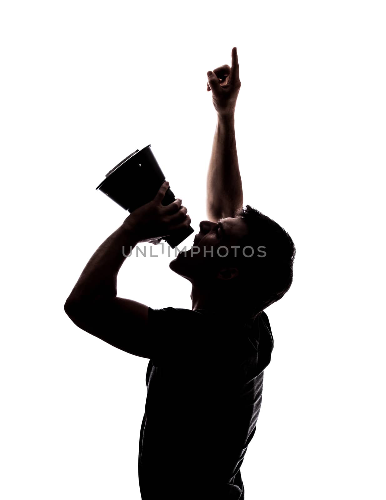 Man yelling in a megaphone in silhouette isolated over white background