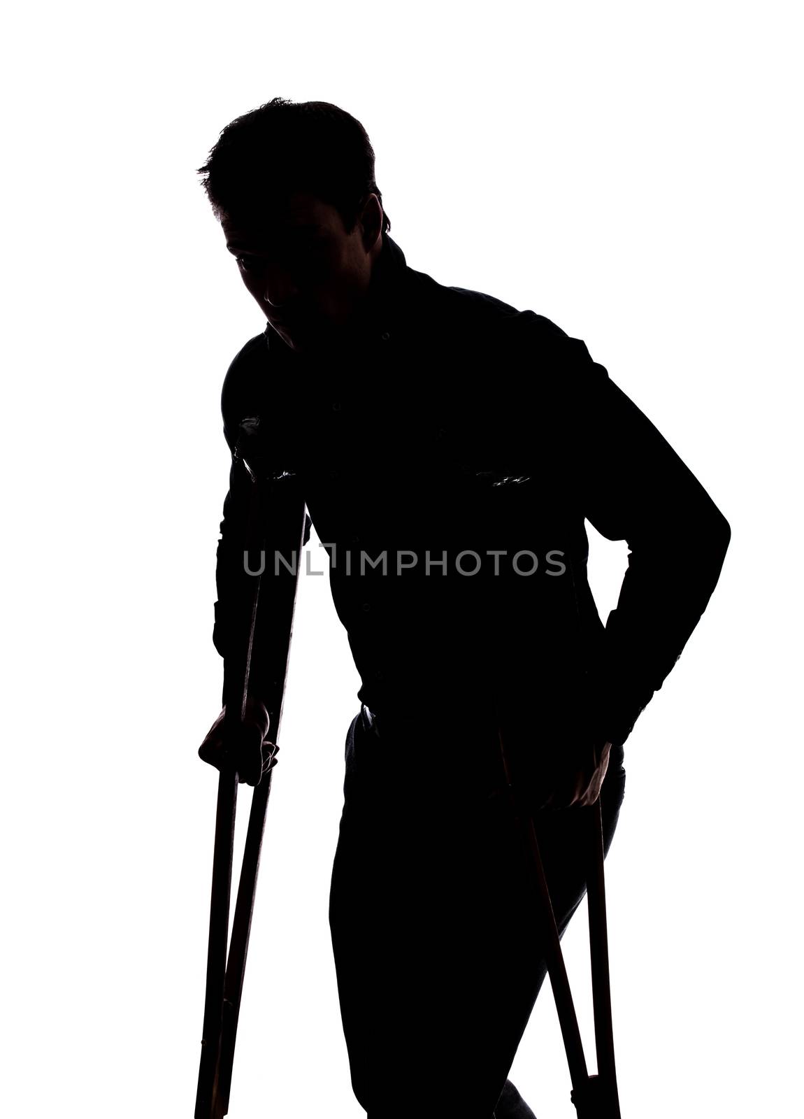 Man with broken leg in silhouette isolated over white background