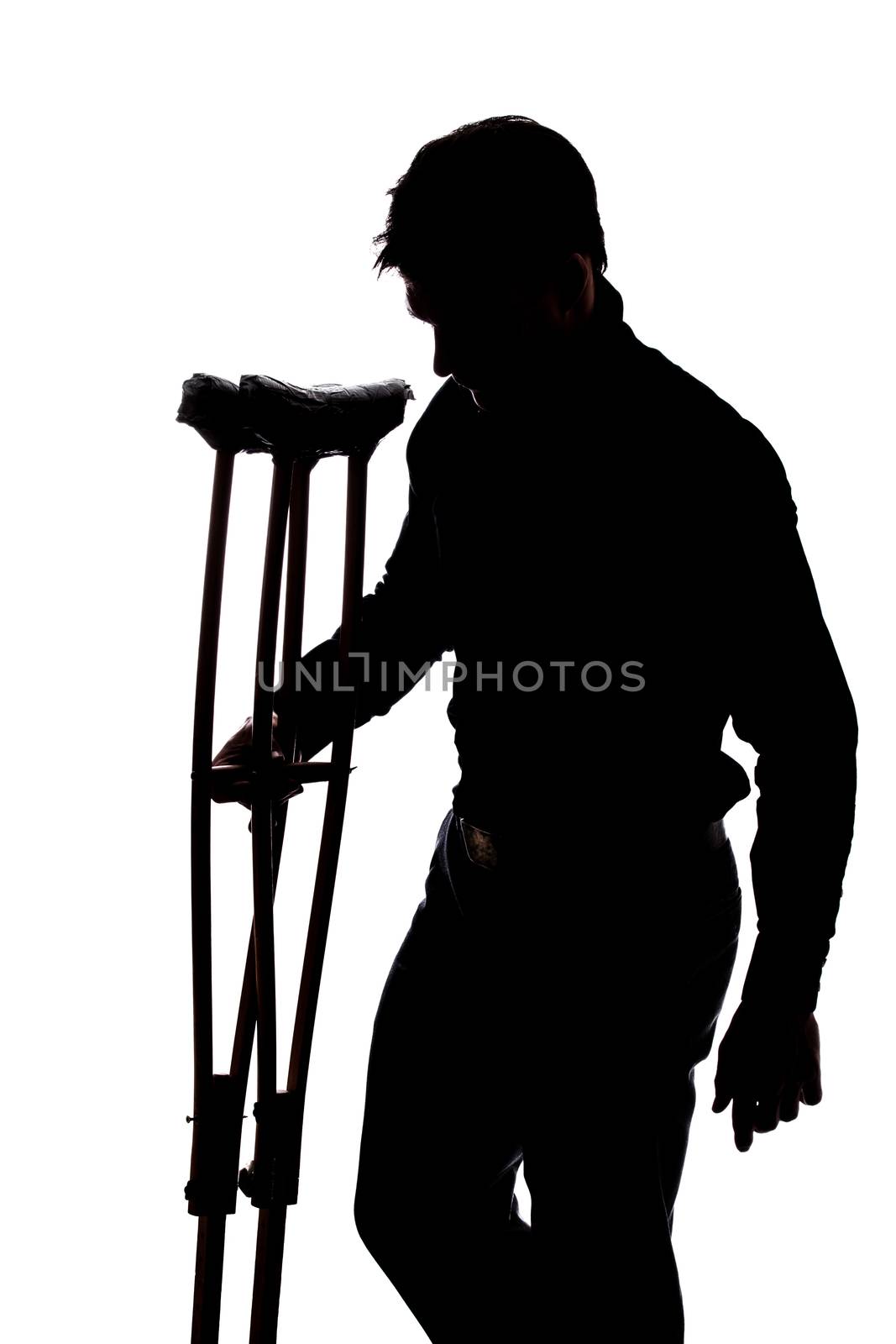 Man with broken leg in silhouette isolated over white background