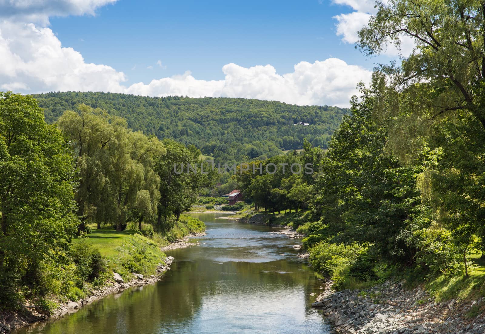 This image was taken in the small town of  Woodstock showing a tranquil river wandering through the Vermont greenery.