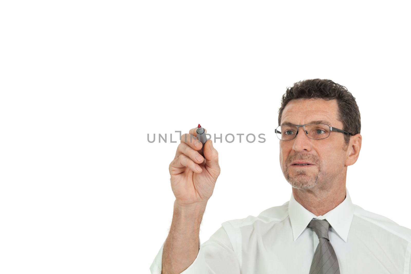 smiling adult businessman write with red pen isolated on white background design copyspace