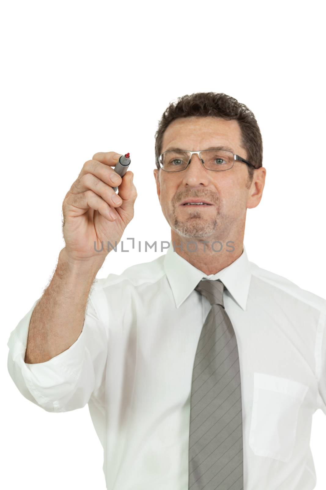 smiling adult businessman write with red pen isolated on white background design copyspace