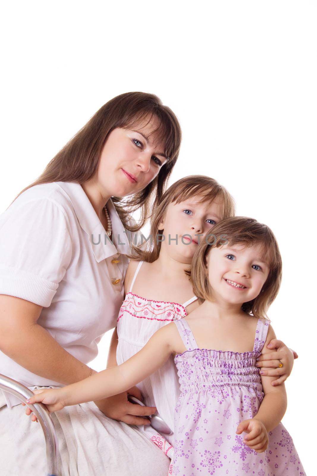 Happy mother with two little daughters isolated on white