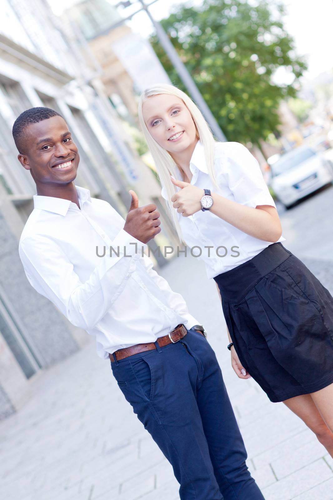 successful smiling business team diversity outdoor summer professional