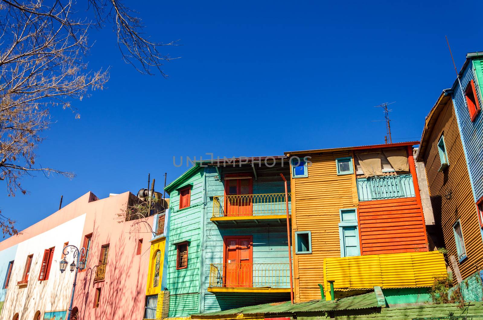 Brightly painted buildings in La Boca neighborhood of Buenos Aires, the birthplace of Tango