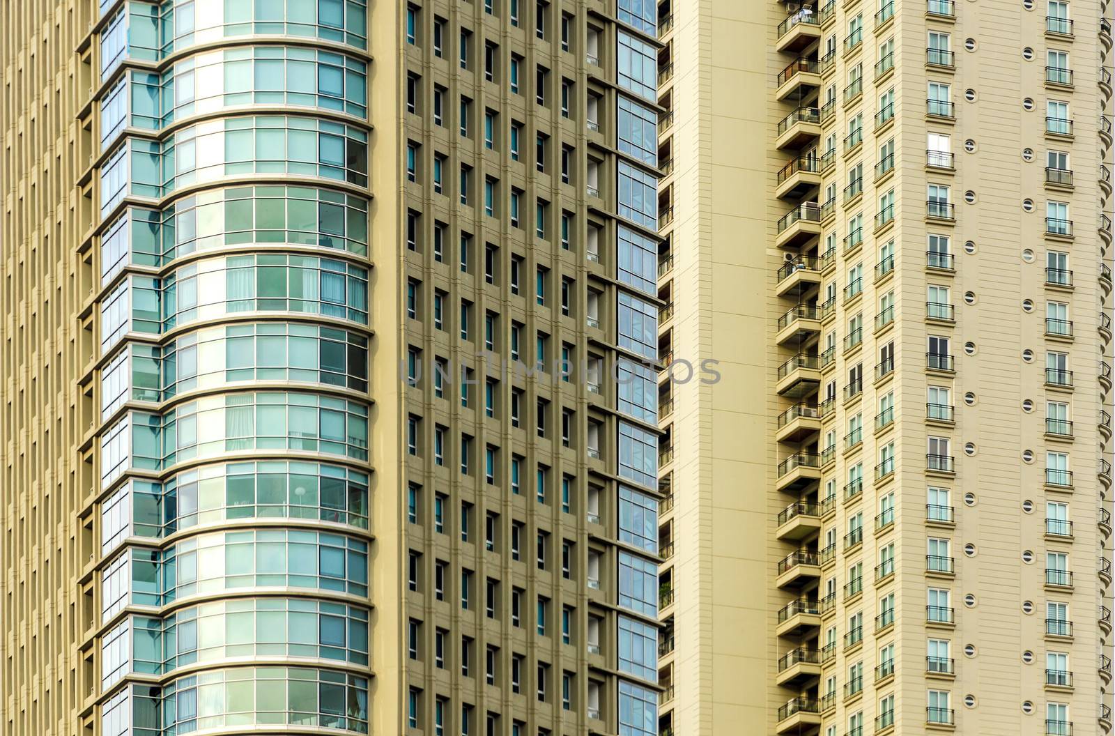 Closeup view of upscale skyscraper apartment buildings the Puerto Madero neighborhood of Buenos Aires