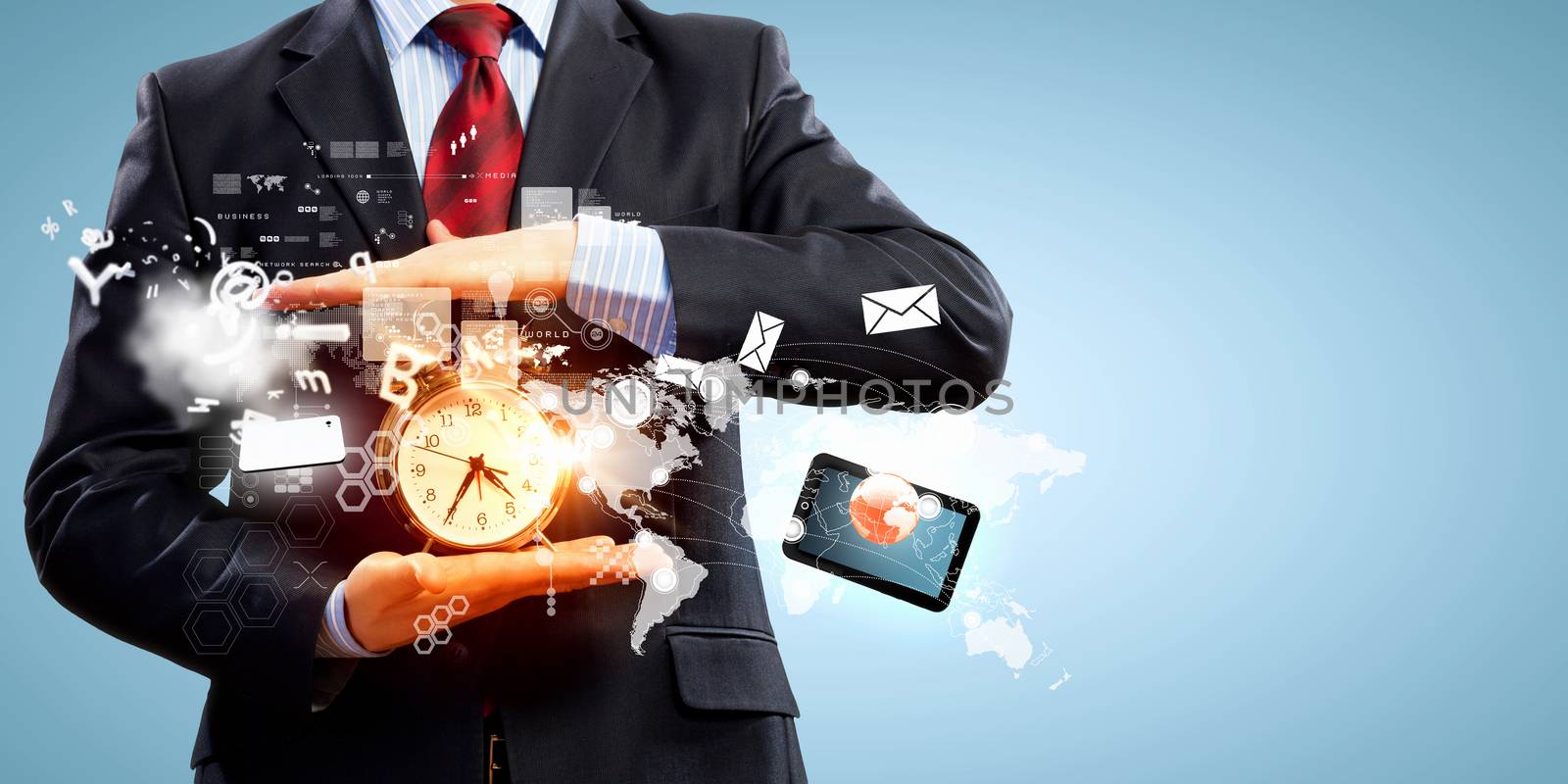 Image of businessman holding alarmclock against illustration background. Collage