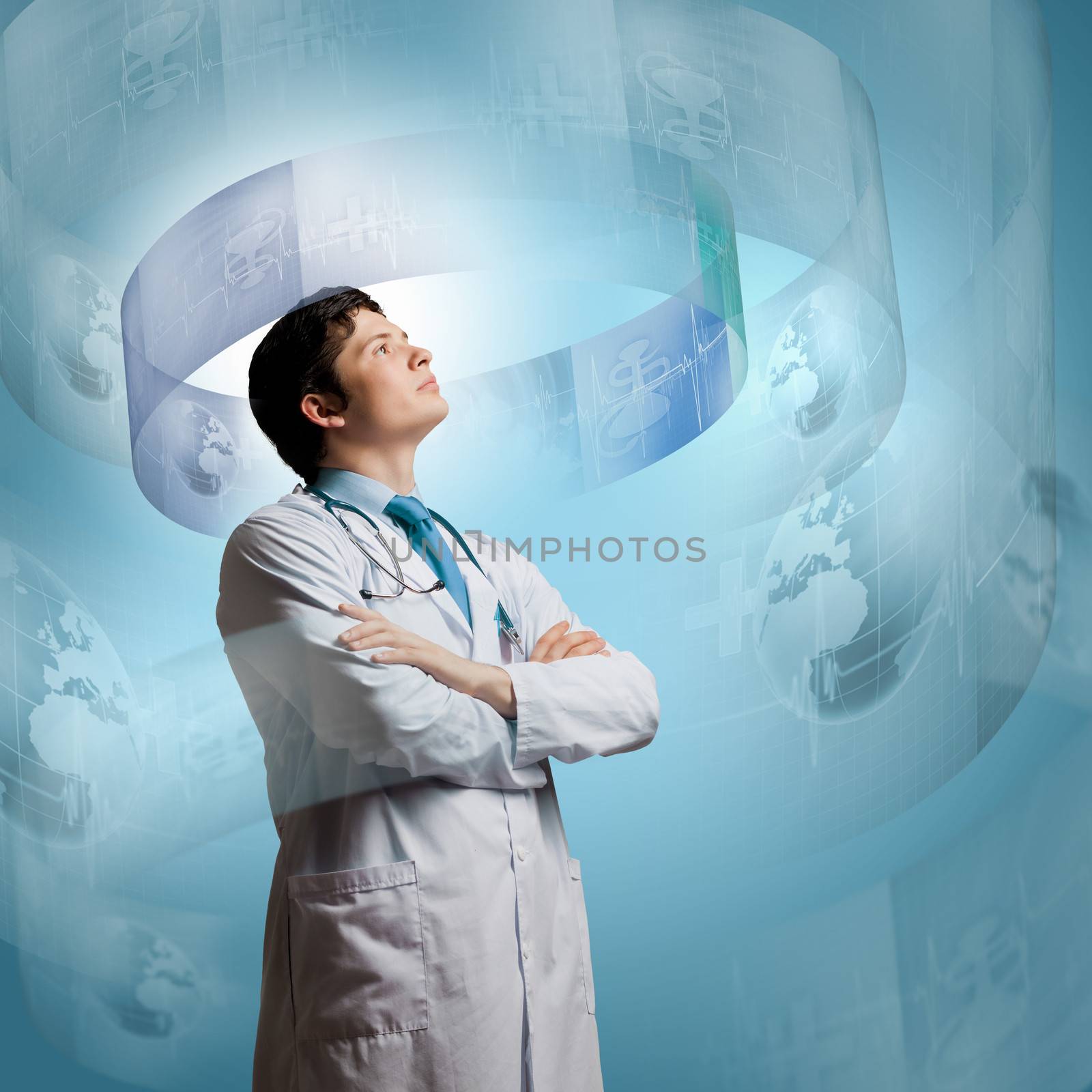 Young concentrated male doctor with arms crossed against digital background