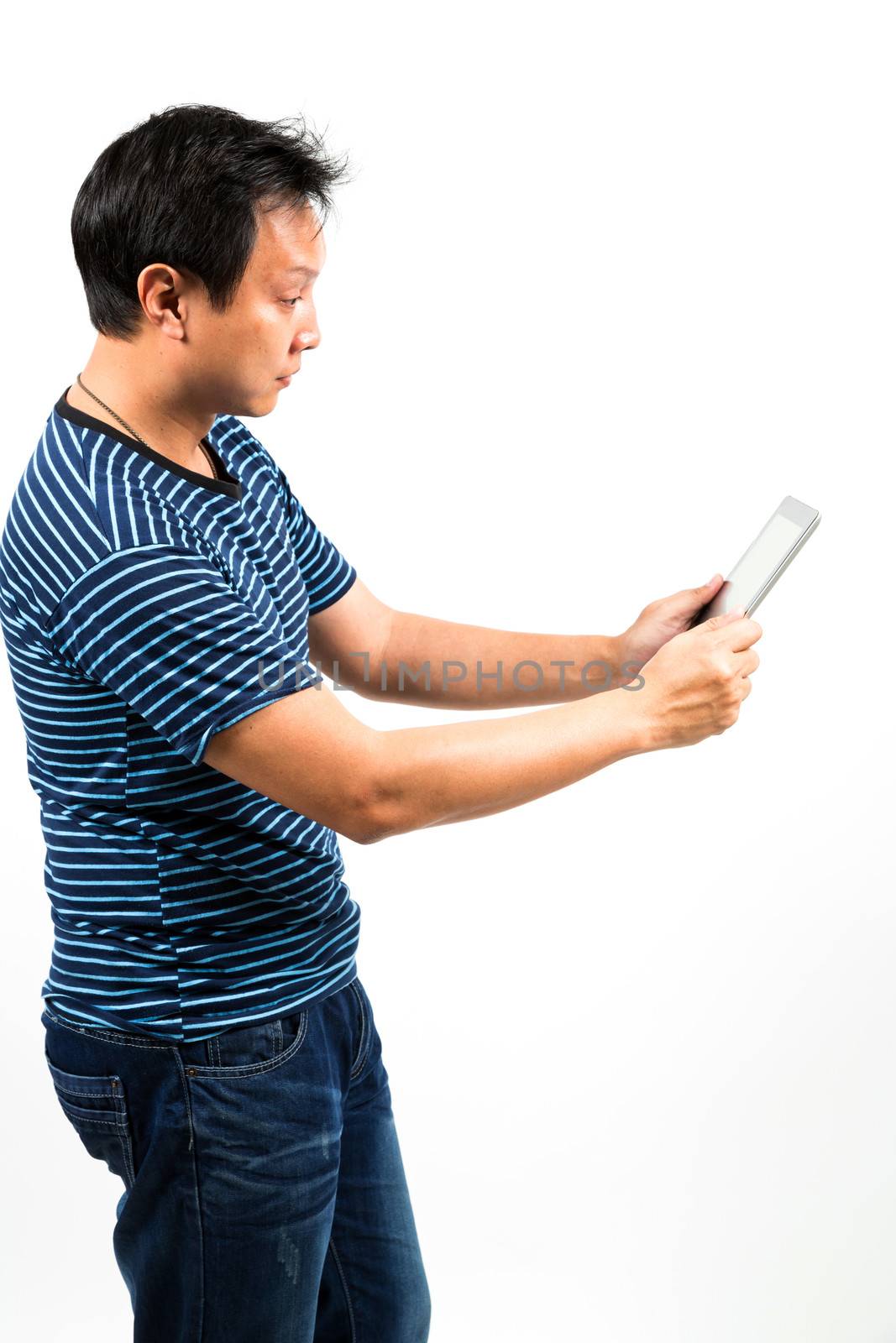 man with digital tablet on white background