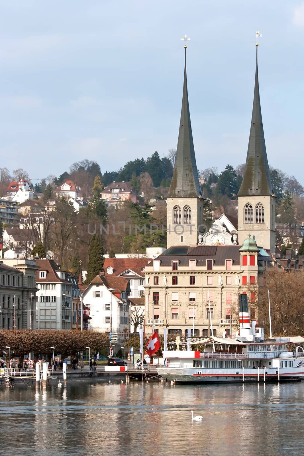 Church with cityscape and lake in Lucern Switzerland