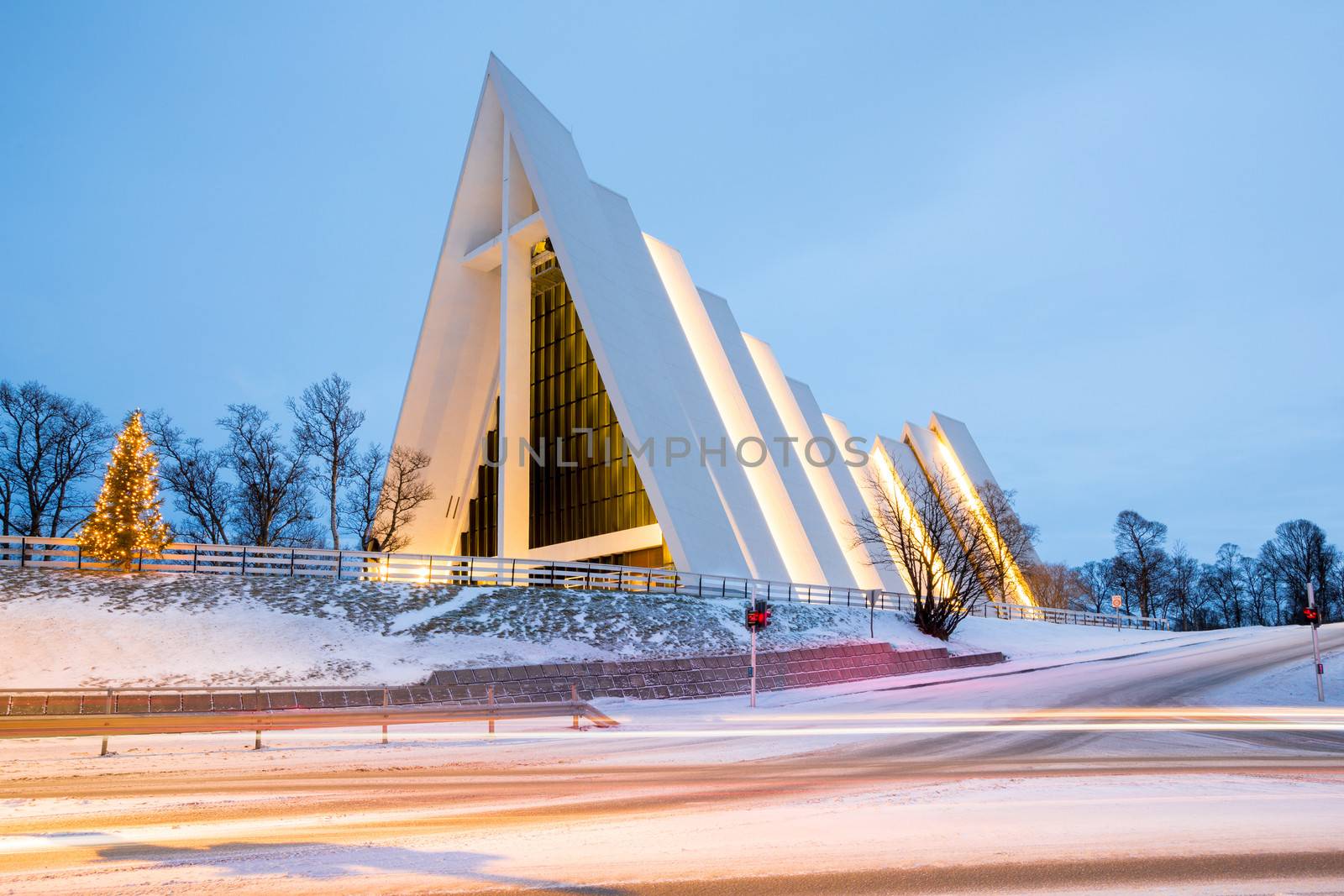 Tromso Arctic Cathedral Church in Norway at dusk twilight