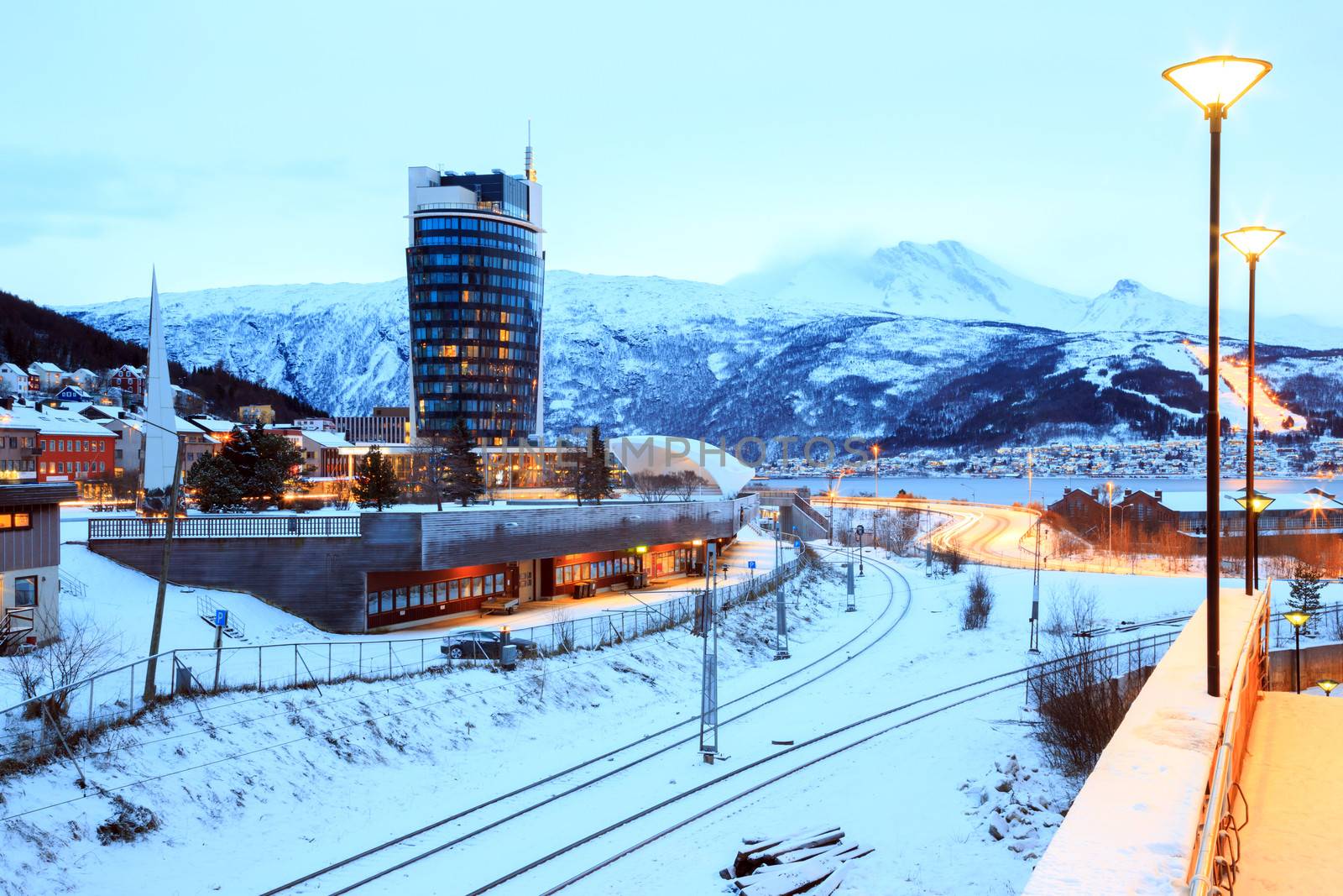 Narvik Town Square Cityscape at dusk, Norway