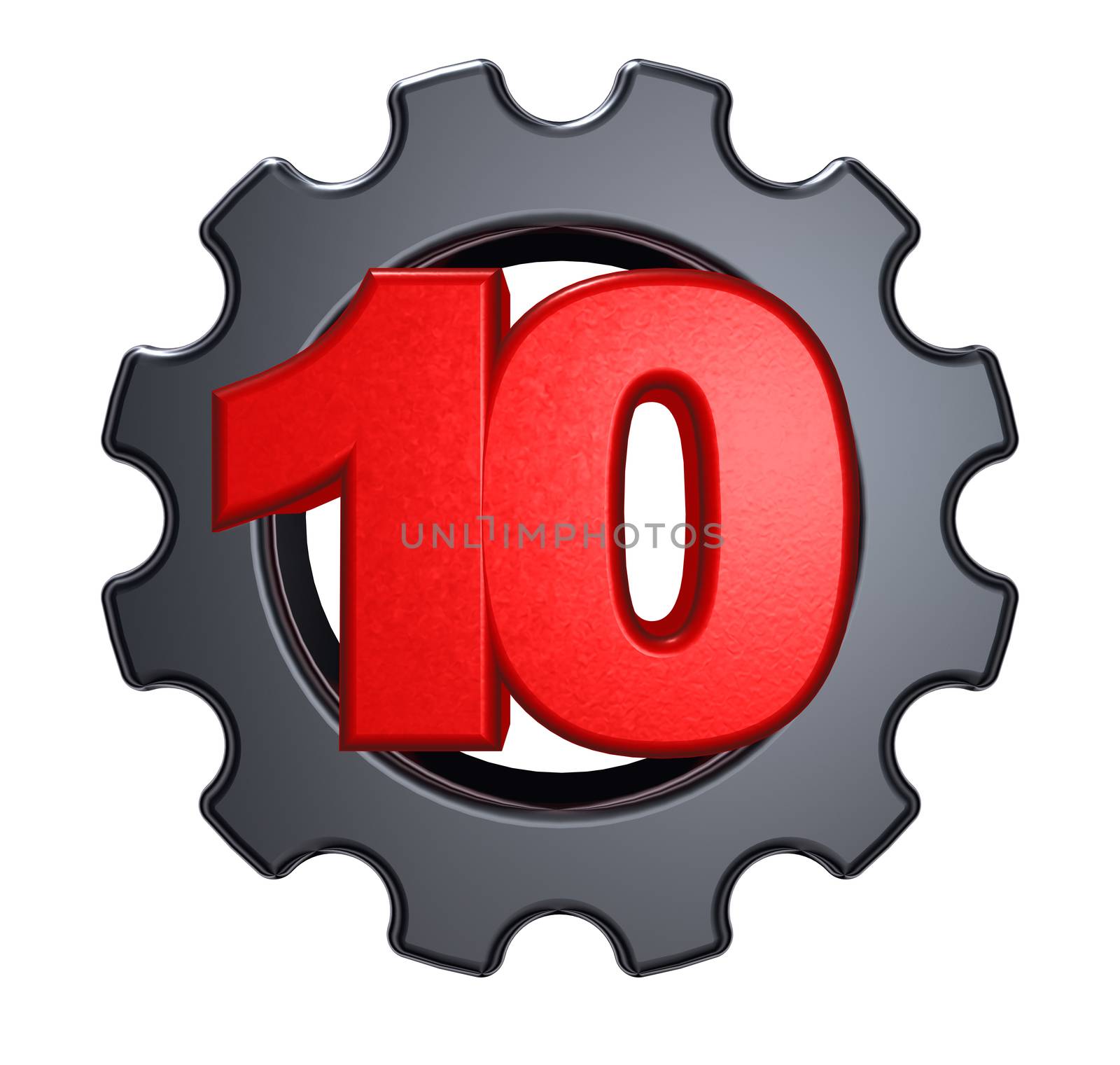 number ten and gear wheel on white background - 3d illustration