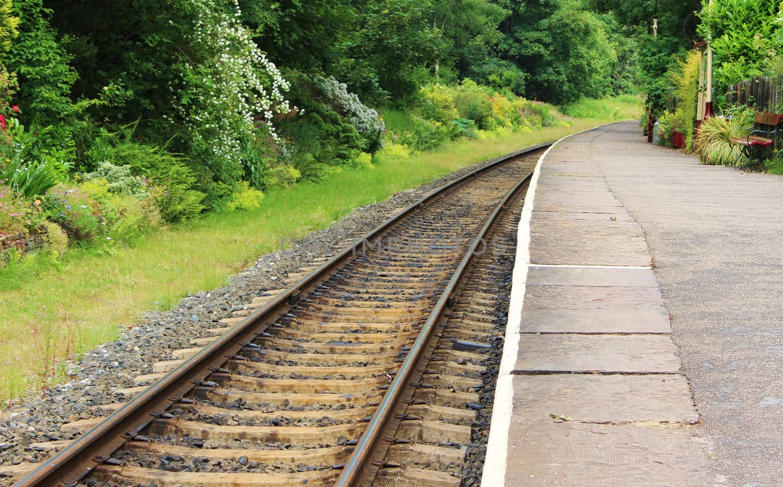 A Railway track at a station in the countryside.