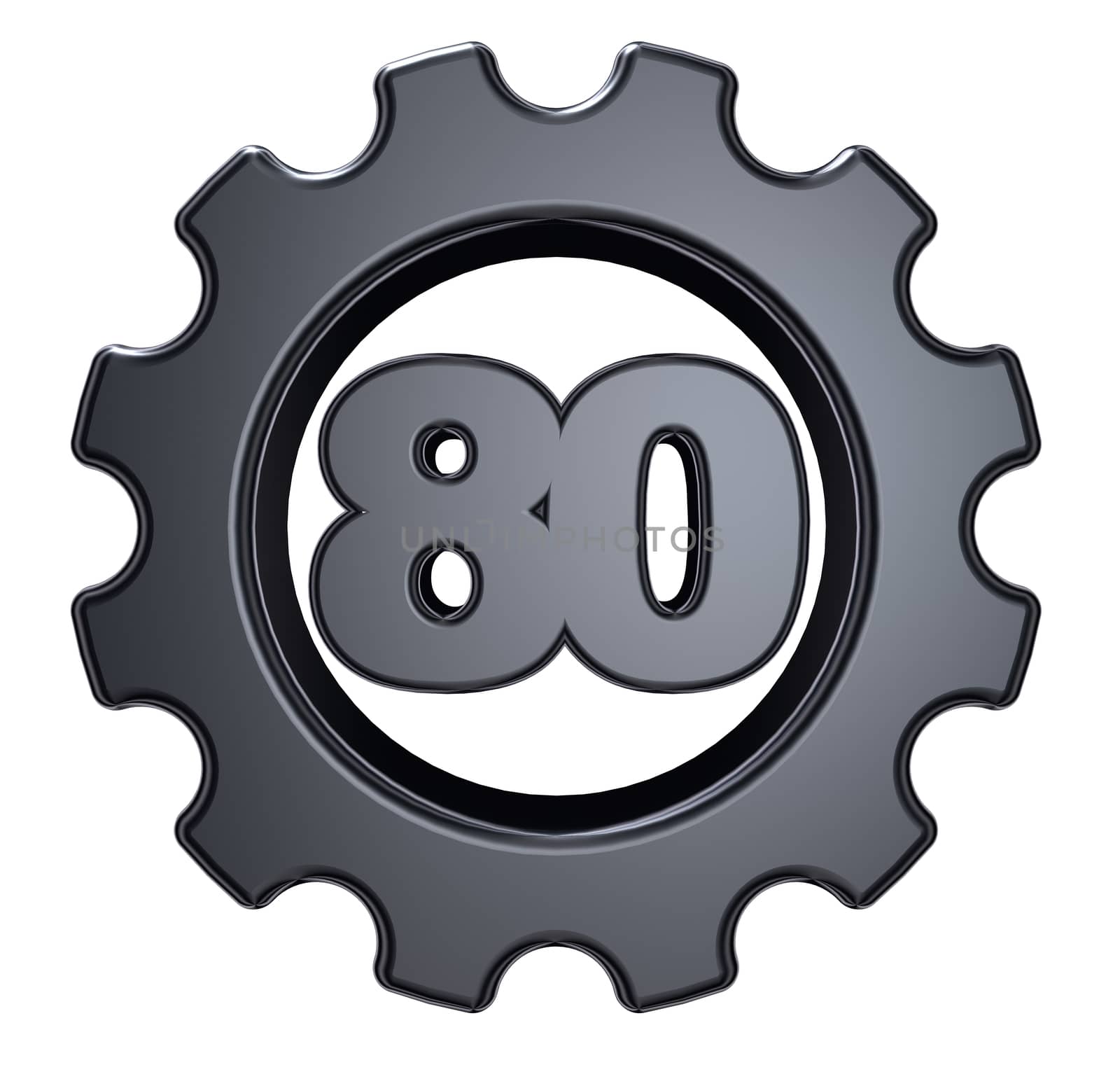 number eighty and gear wheel on white background - 3d illustration