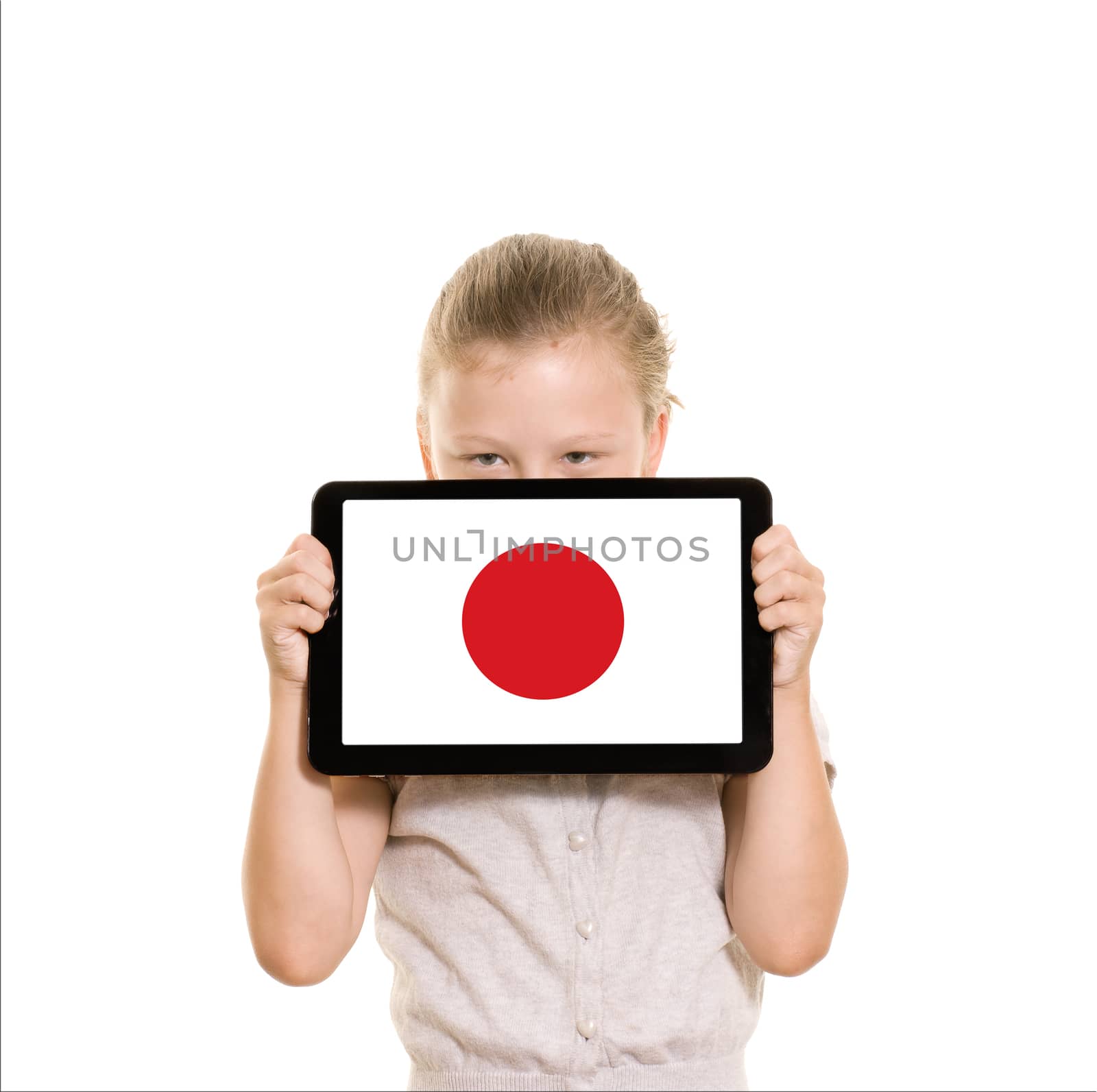 Girl holding tablet pc displaying flag of Japan