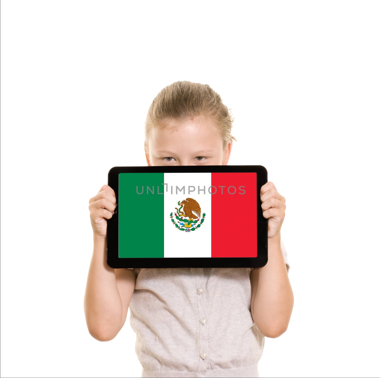 Girl holding tablet pc displaying flag of Mexico