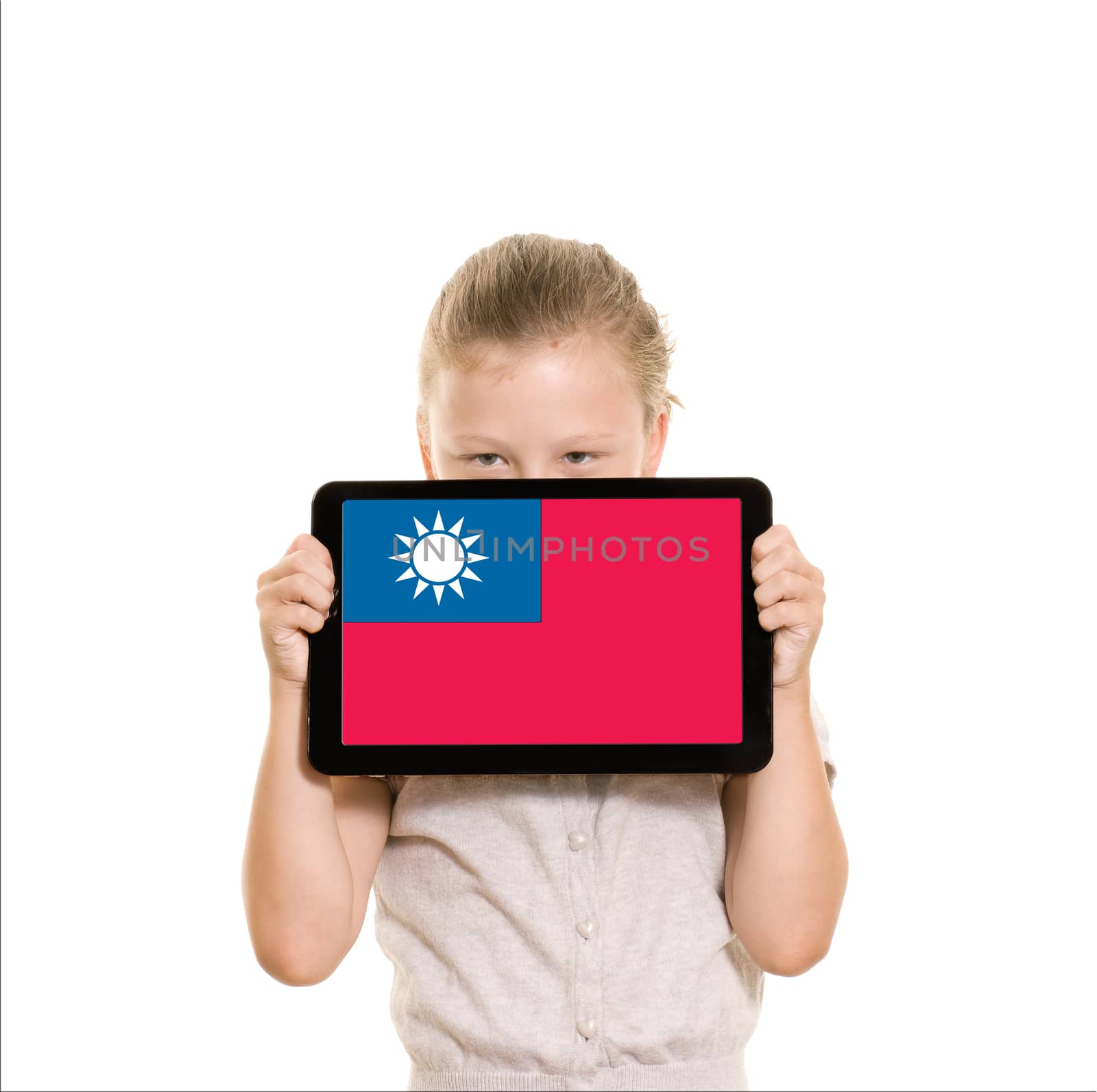 Girl holding tablet pc displaying flag of Taiwan