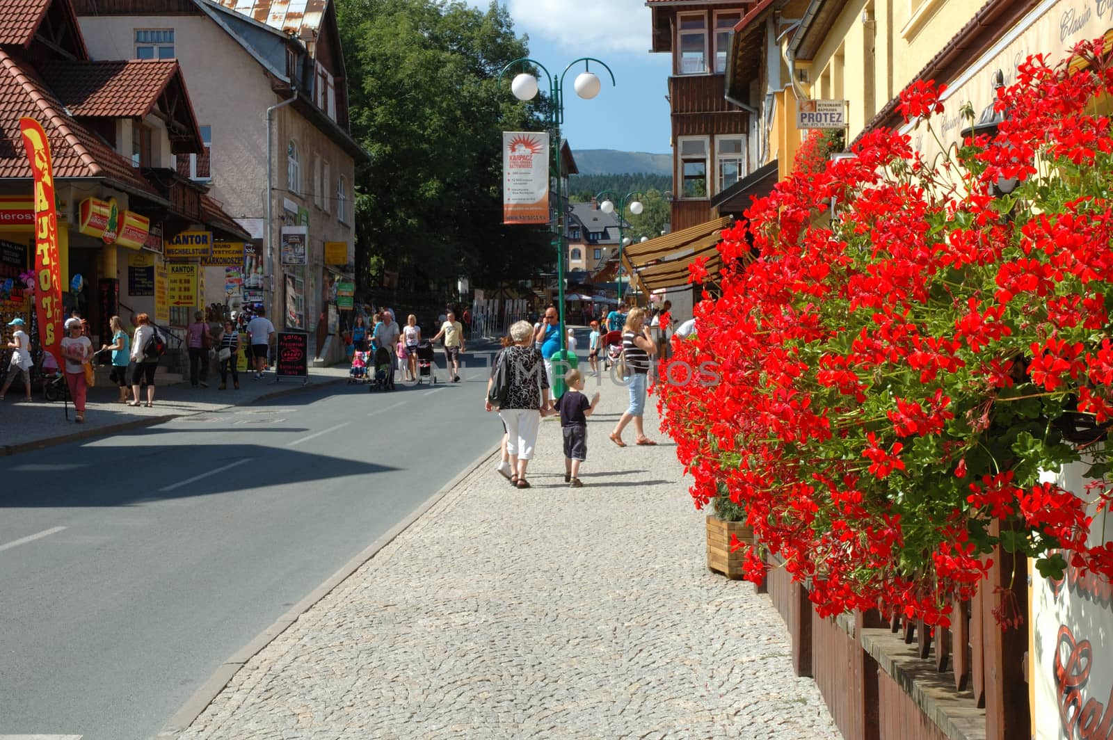 Main street in Karpacz city in Karkonosze mountains Poland