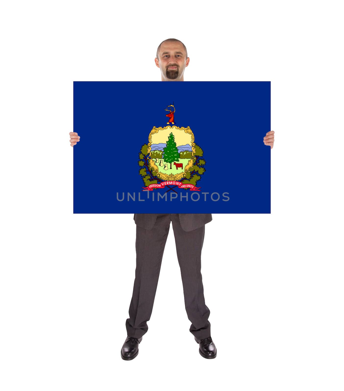 Smiling businessman holding a big card, flag of Vermont by michaklootwijk
