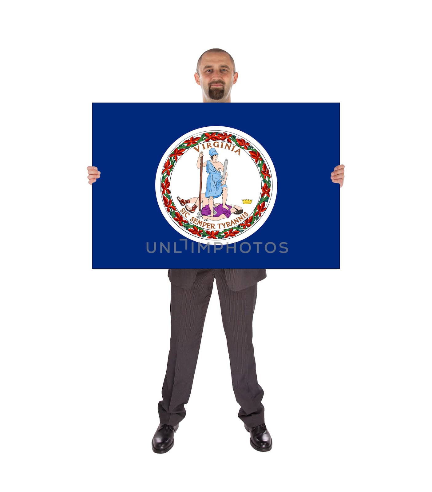 Smiling businessman holding a big card, flag of Virginia by michaklootwijk