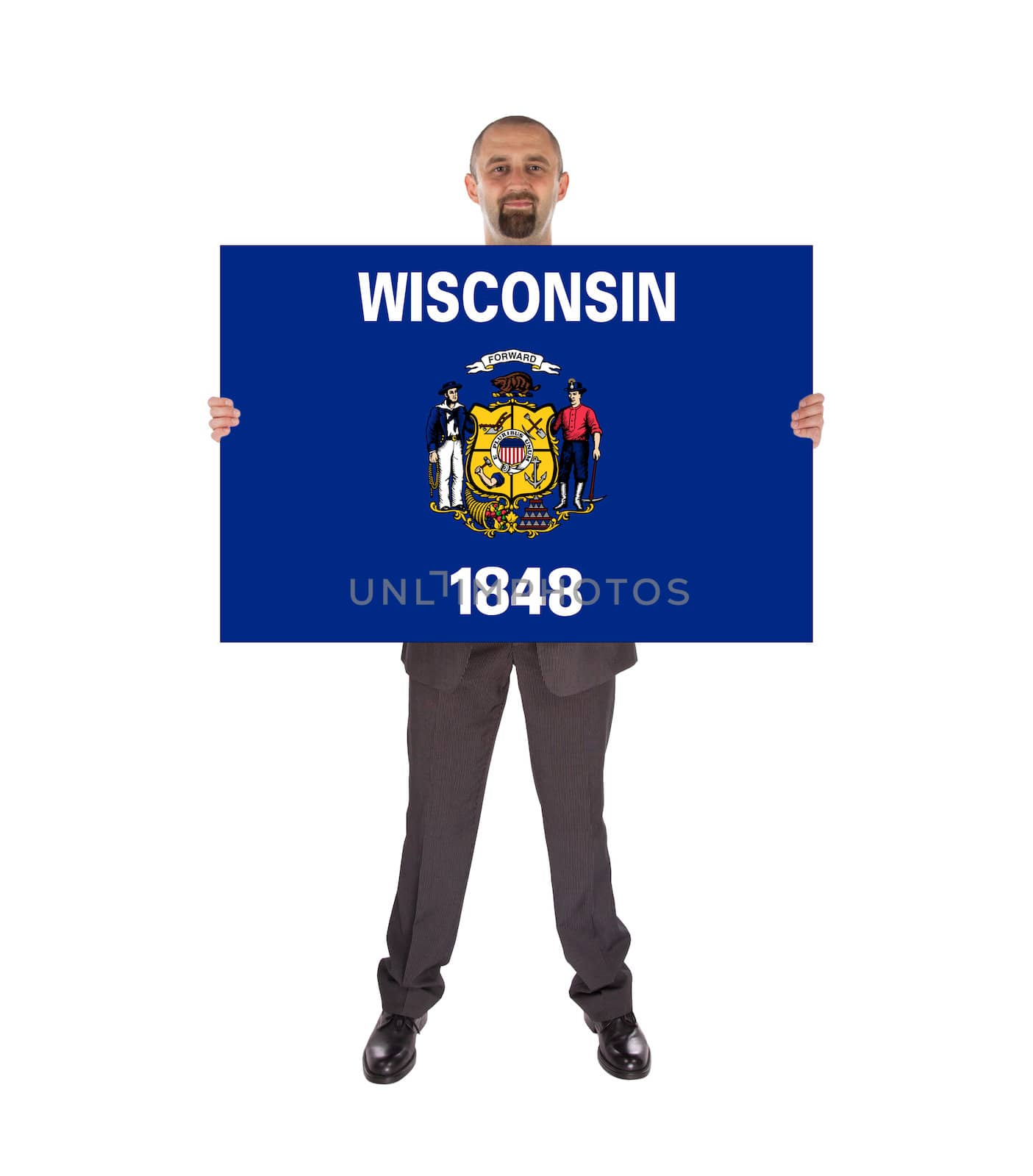 Smiling businessman holding a big card, flag of Wisconsin by michaklootwijk