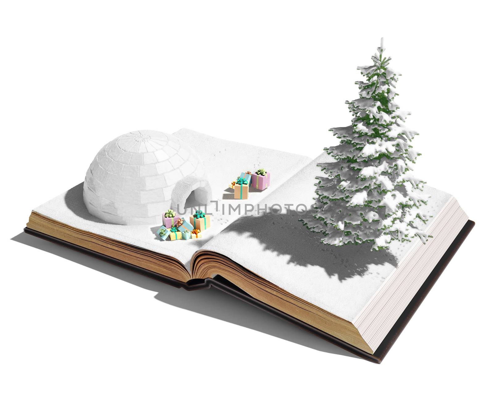 igloo with  christmas gifts on the open book. 3d concept 