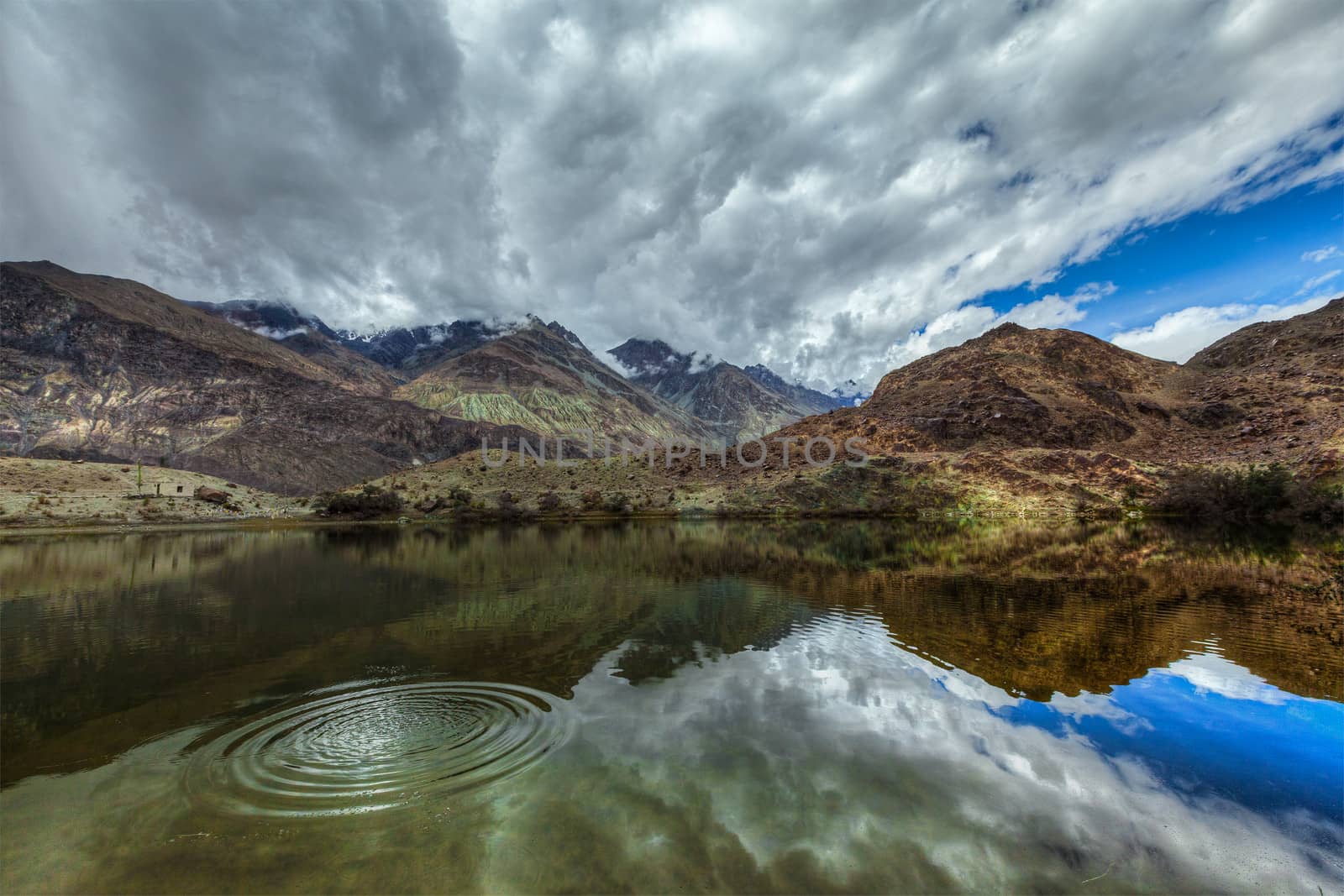 Sacred mountain lake Lohan Tso in Himalayas. Nubra valley, Ladakh, Jammu and Kashmir, India