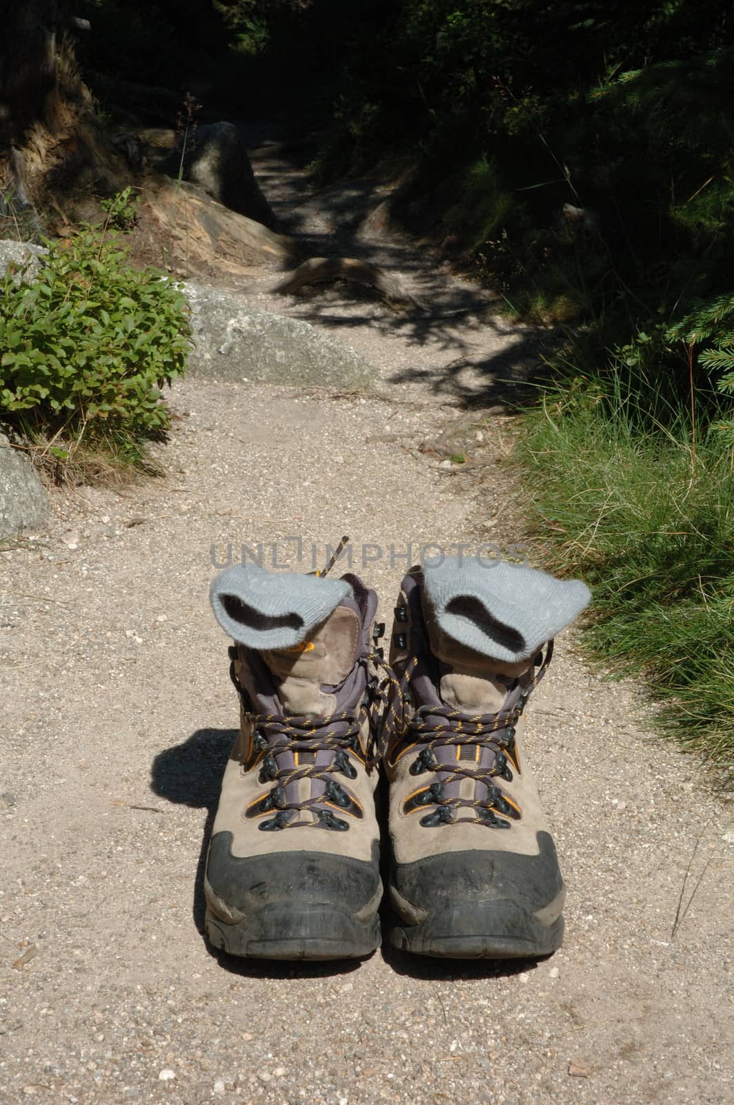 Trekking shoes on trail somewhere in karkonosze mountains