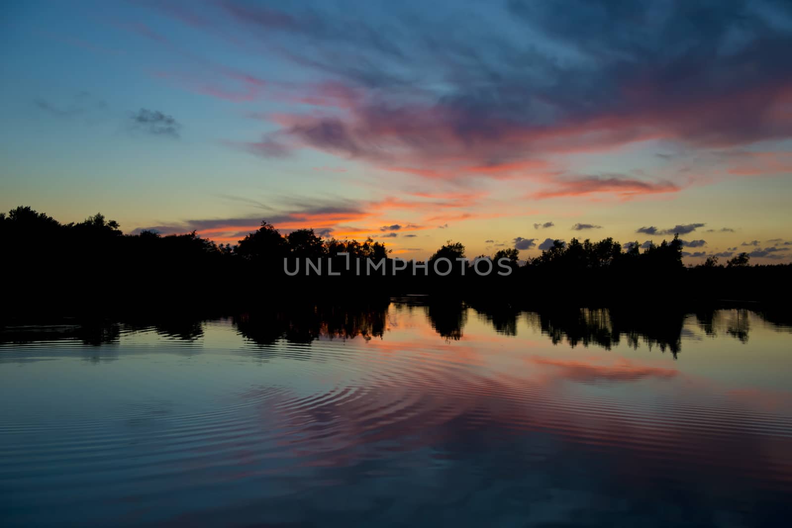 Colorful sunset on a quiet pond in Denmark