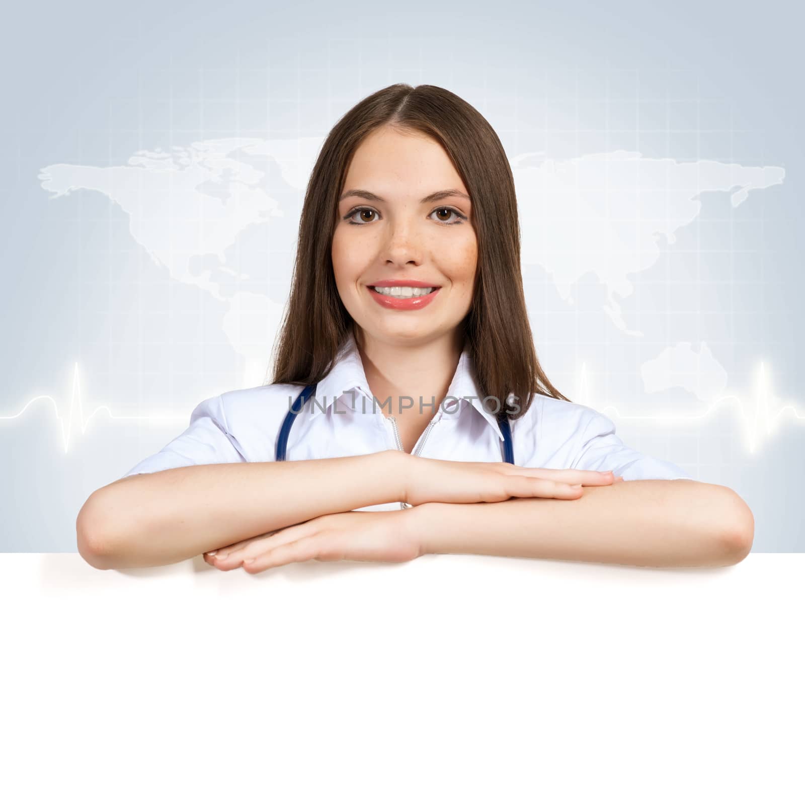 Young attractive female doctor put her hands on the blank banner, place for text