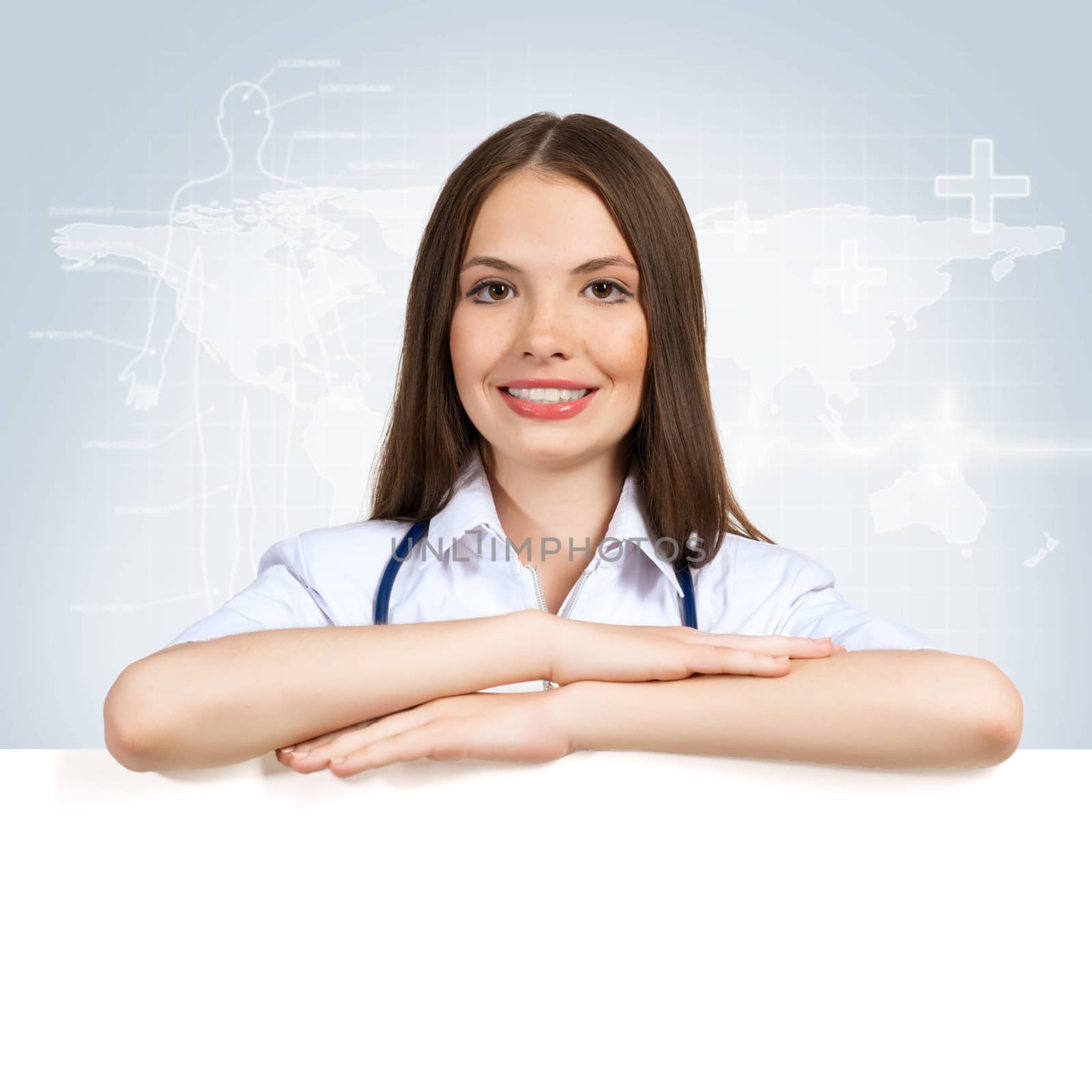 Young attractive female doctor put her hands on the blank banner, place for text