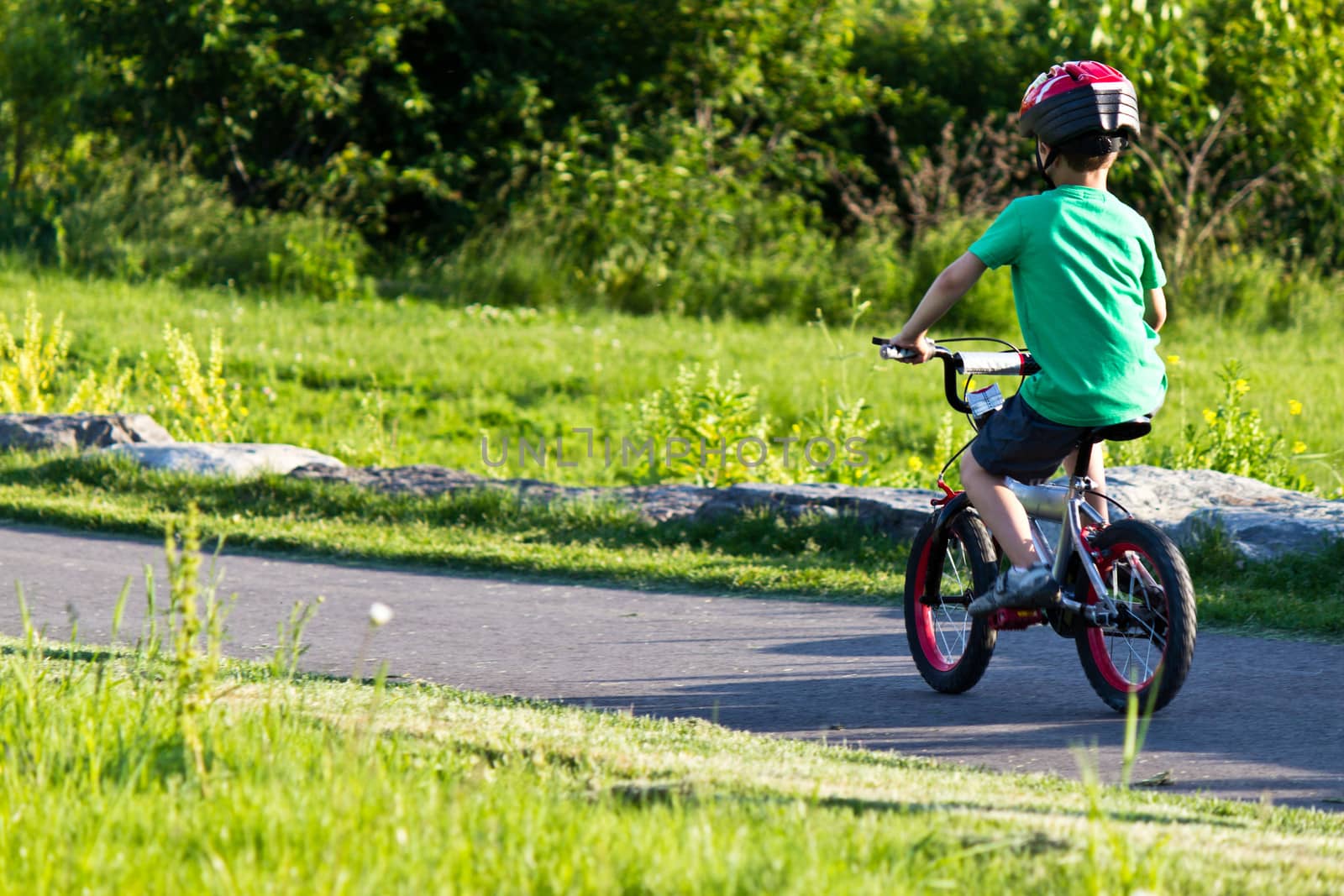 Child bicycling on the bike path in the park