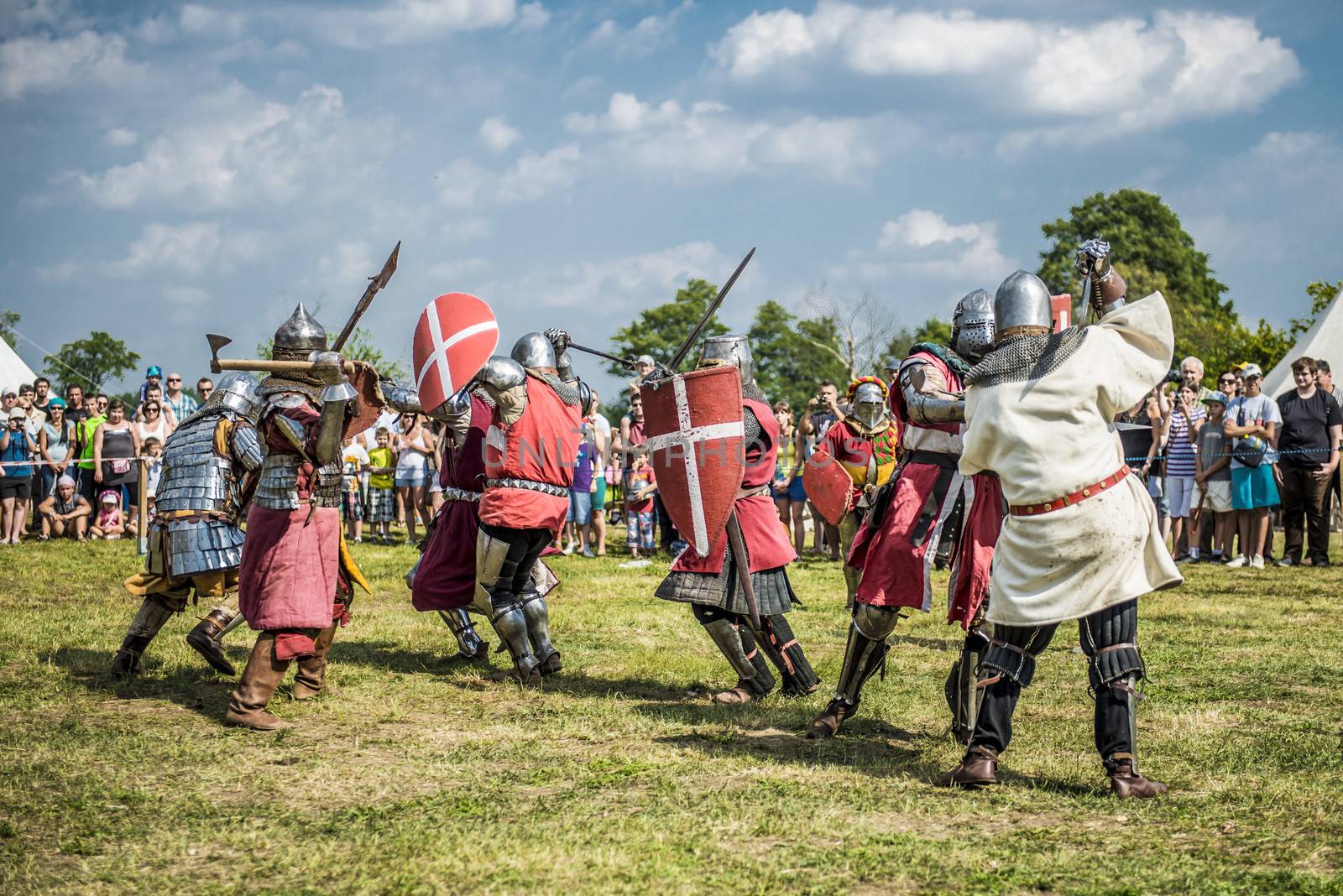 LIW, POLAND 17 AUGUST: Members of Medieval Reinactment Order fight in Liw Tournament on 17 August 2013 in Liw, Poland