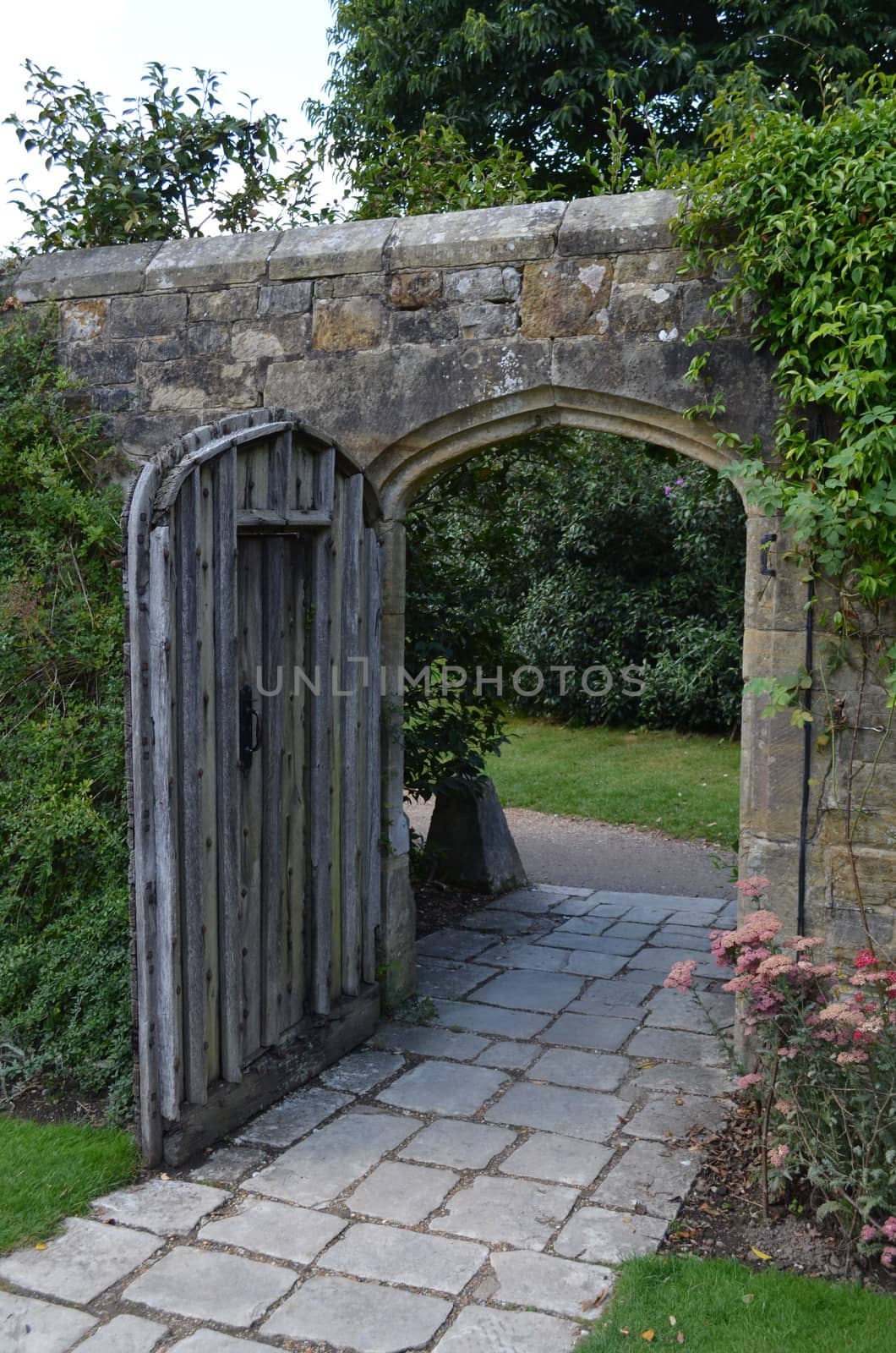 Ancient solid oak door set in the grounds of an English countryside garden.