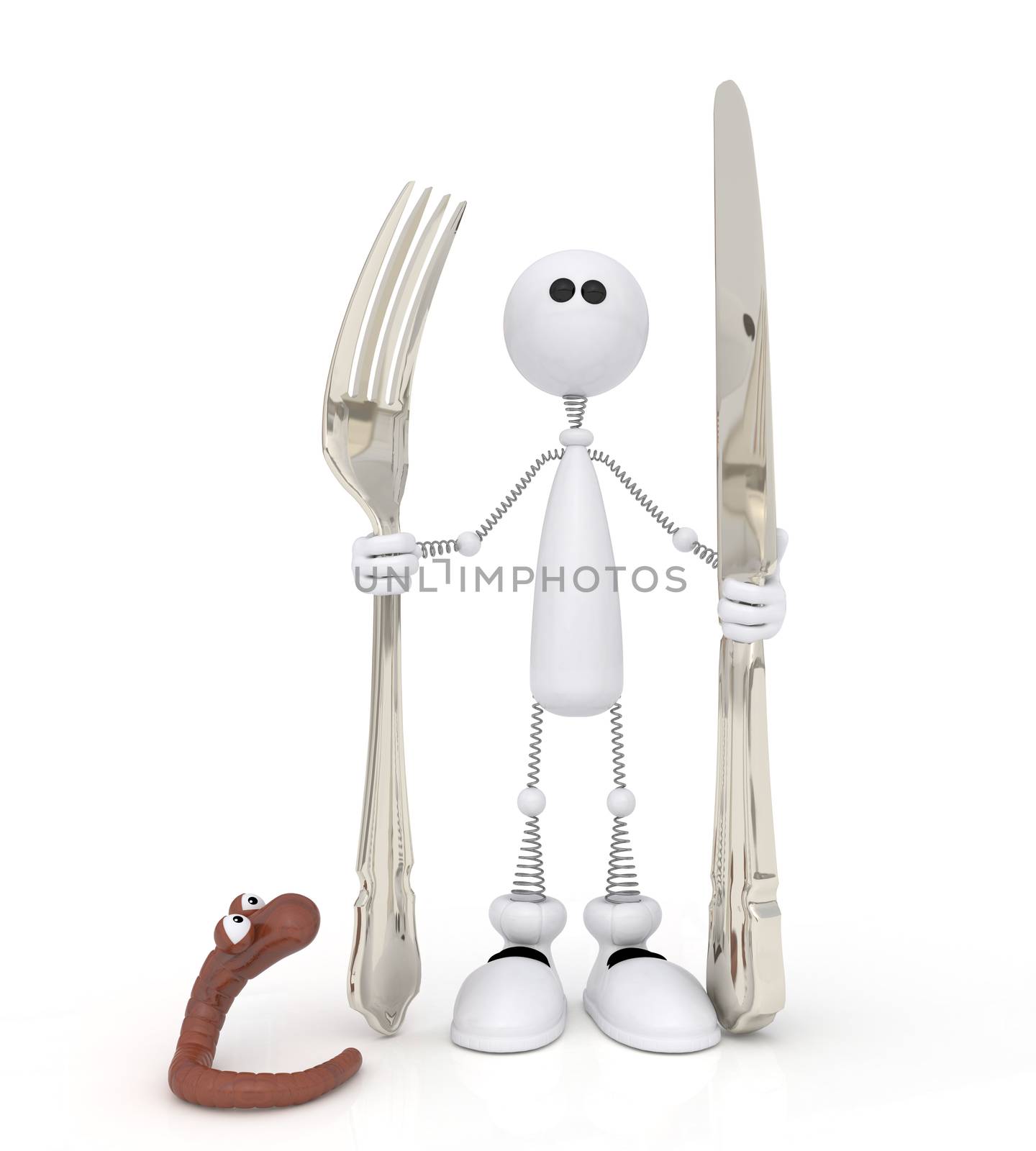 The character costs with a fork and a knife near a worm.