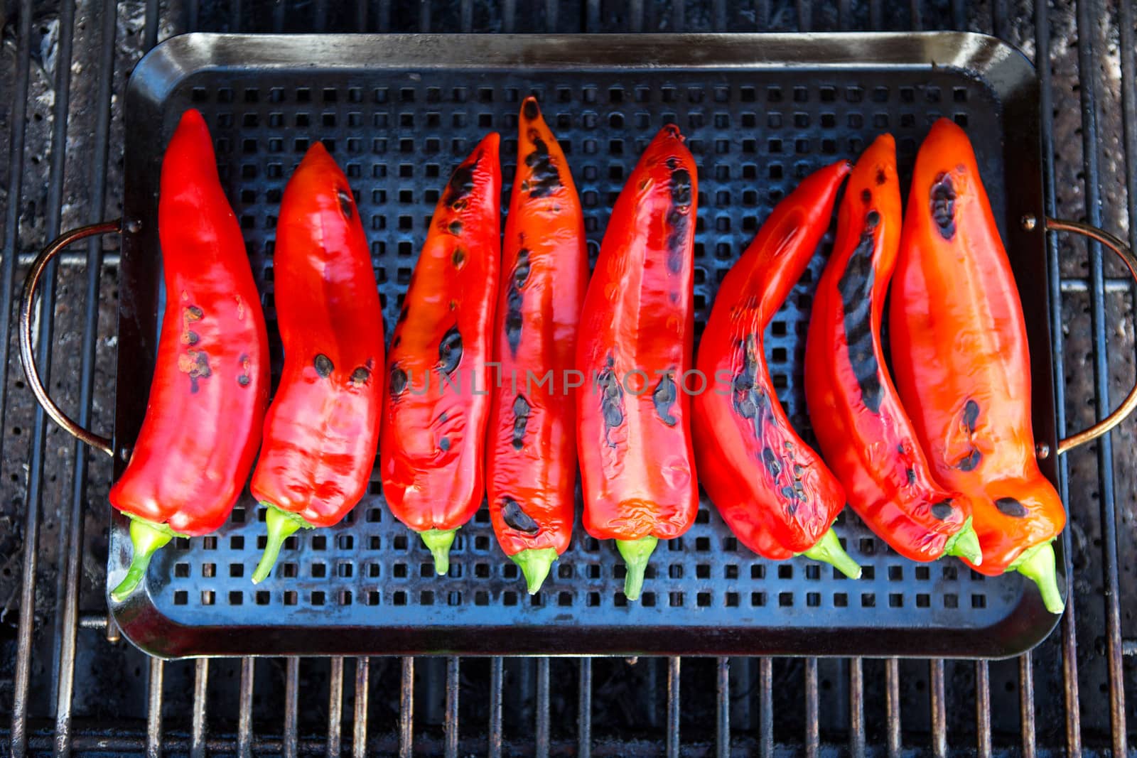 Chillies getting ready to be grilled on the grill by coskun